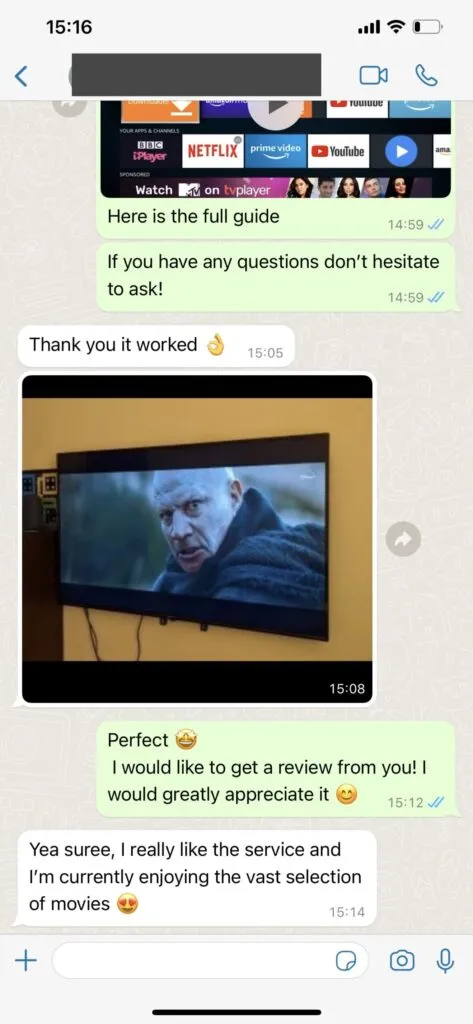 XCodesIPTV WhatsApp Customer Review Screenshot 1